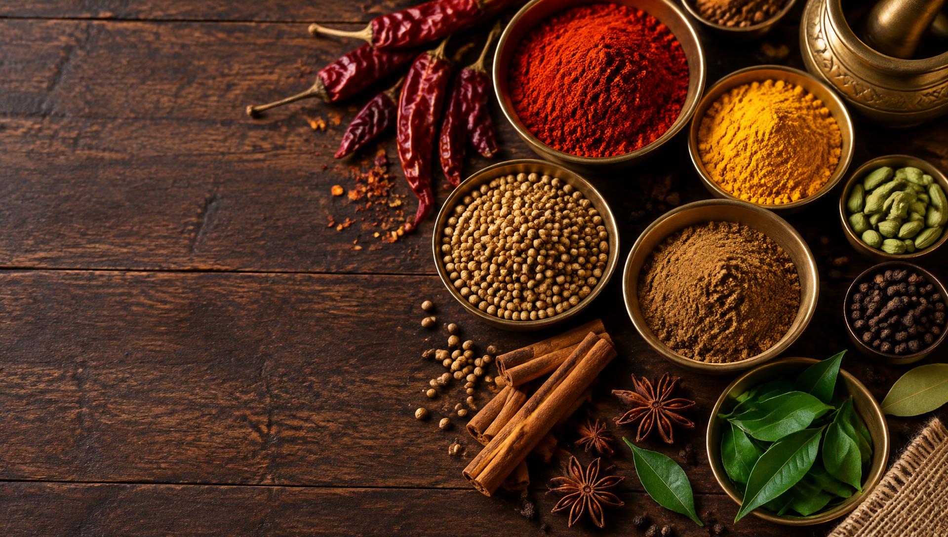 Indian spices – chilli, turmeric, coriander, garam masala in brass bowls